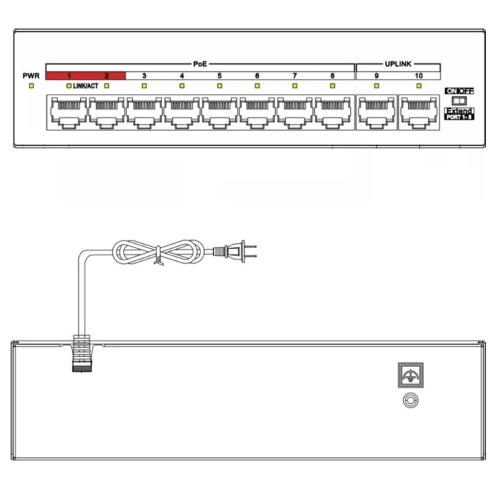 Rysunek techniczny switcha POE 8 portowego do kamer Hikvision DS-XS0110-P/Polish